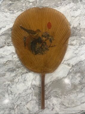 Vintage Japanese uchiwa non folding  Fan with Bird & Floral Motif -